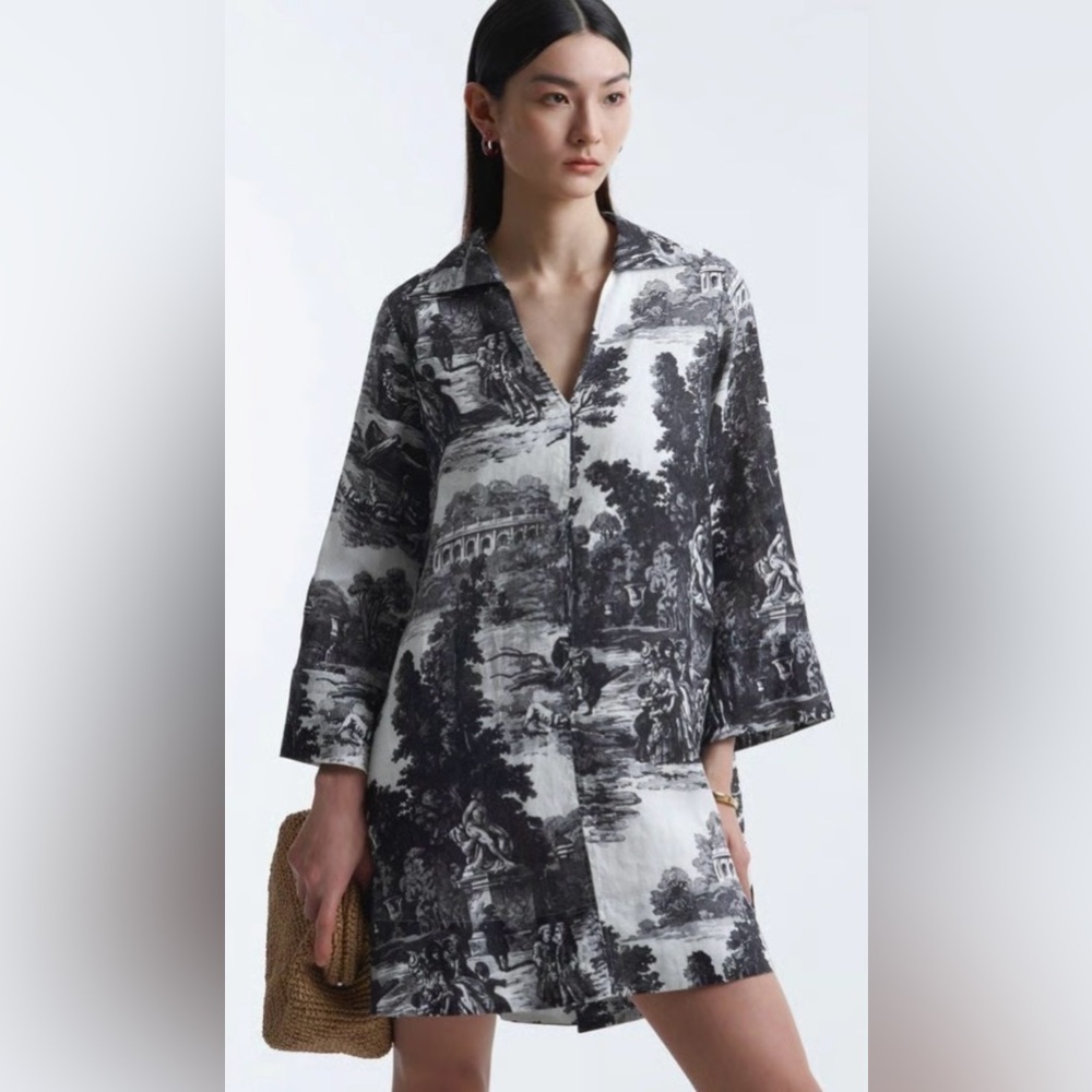 COS French toile linen dress printed black white kaftan shirt oversized shirt S
